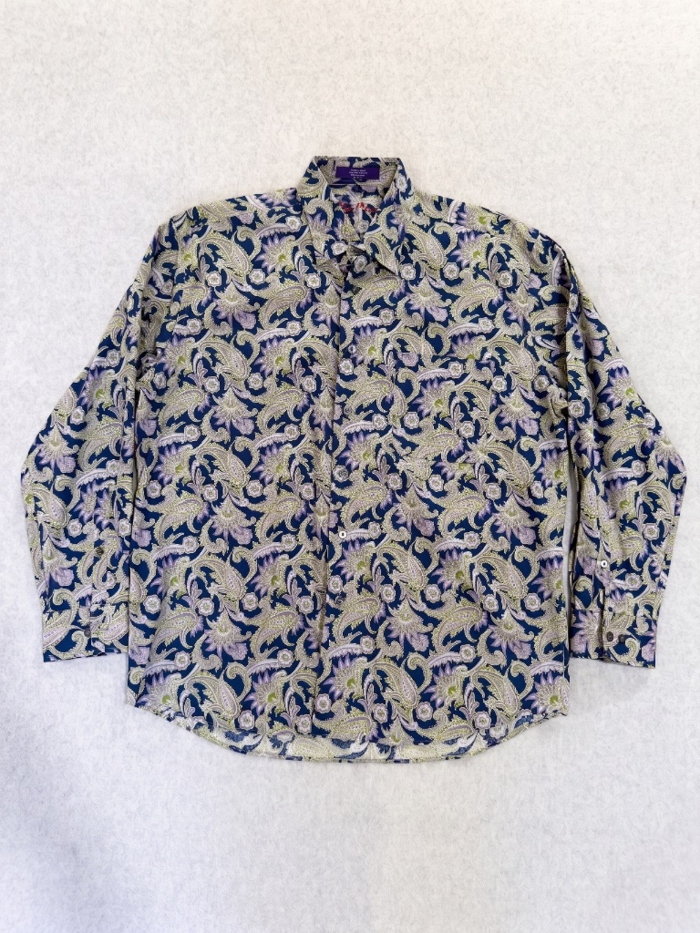 Alan Flusser Mens Large Long Sleeve Shirt Blue Lavender Green Paisley